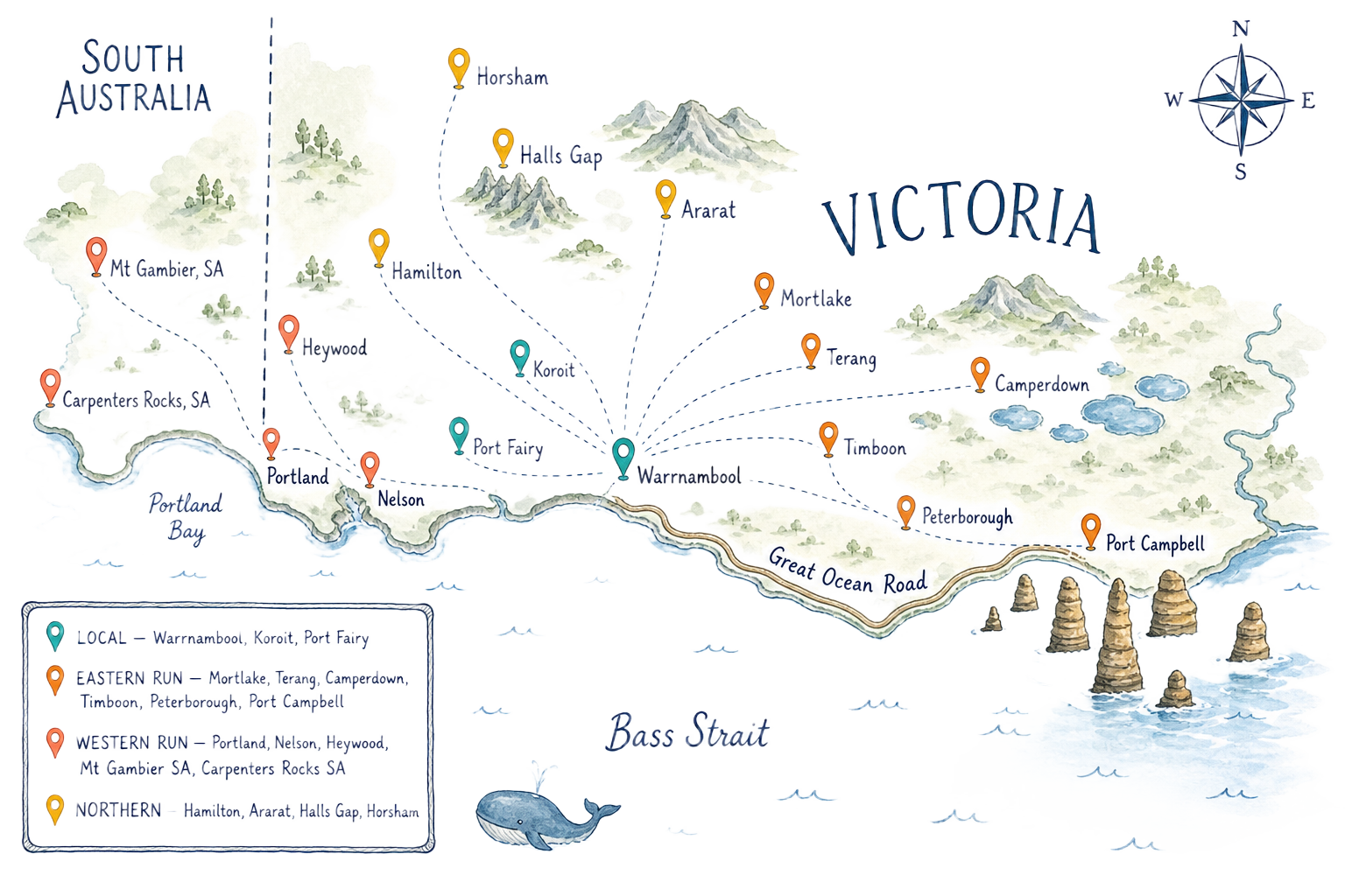Hand-drawn map of south-west Victoria showing Allfresh Seafood delivery zones — Local, Eastern run, Western run and Northern customers.